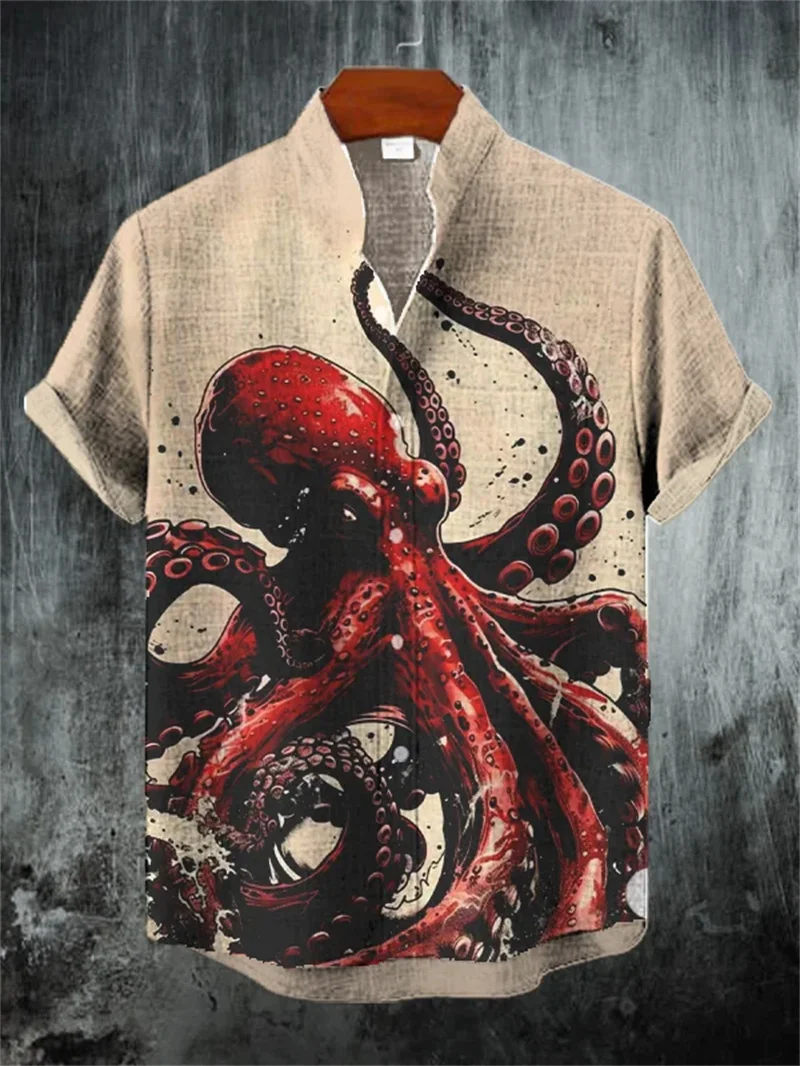 

Мужская рубашка с изображением кота и океана, повседневная льняная гавайская рубашка с 3D цветочным принтом, летняя мужская рубашка с коротким рукавом, пляжный топ