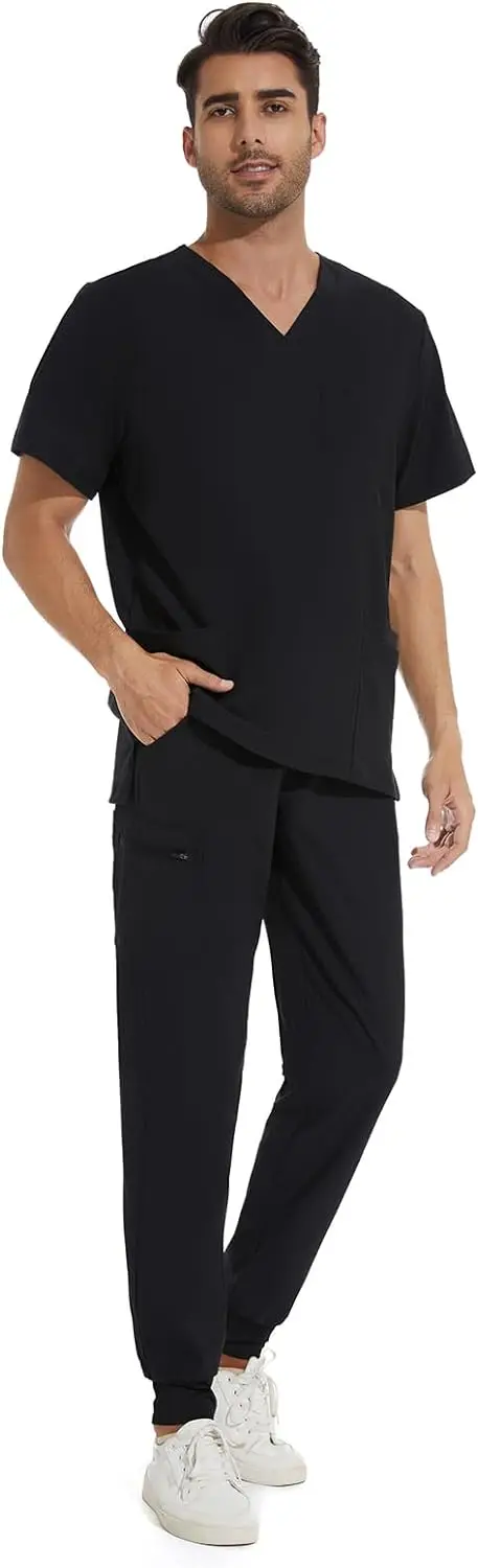 Men Scrubs Set — Stretch V-Neck Scrub Top & Jogger Pant with 8 Pockets Yoga Waistband Anti-Wrinkle Scrubs for Men