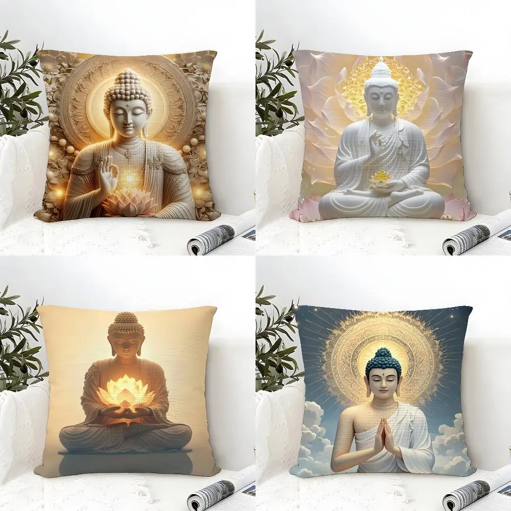 Buddha Statue And Lotus Cushion Cover Eco Linen Pillow Case Double-Sided Print Breathable Durable Zipper Home Decor Gift