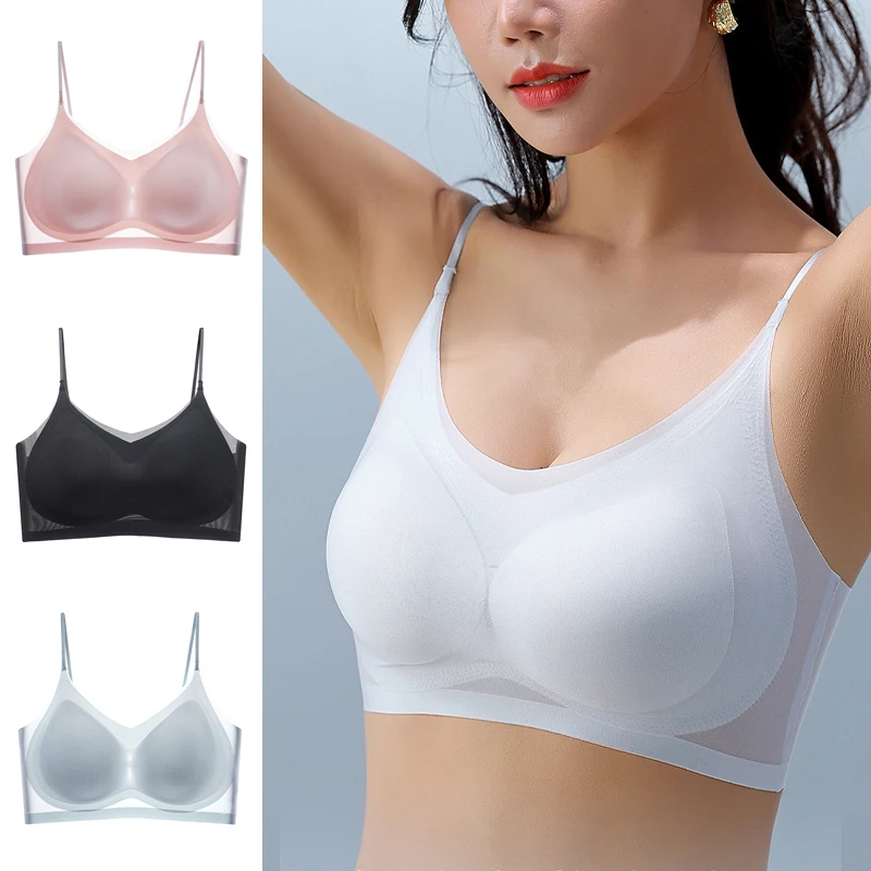 FINETOO Ultra-thin Seamless Bra Ice Silk Breathable Top Women\'s Thin Section Sling Beautiful Back Vest Wireless Bralette M-4XL