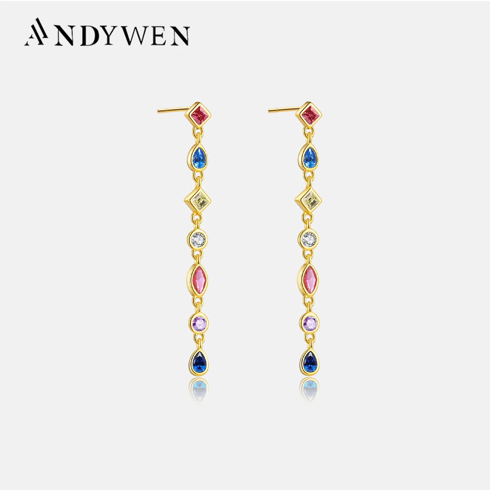 ANDYWEN 925 Sterling Silver Gold Rainbow 38cm Long Chain Drop Earring Women Fashion Fine Jewelry For Wedding Luxury Jewels