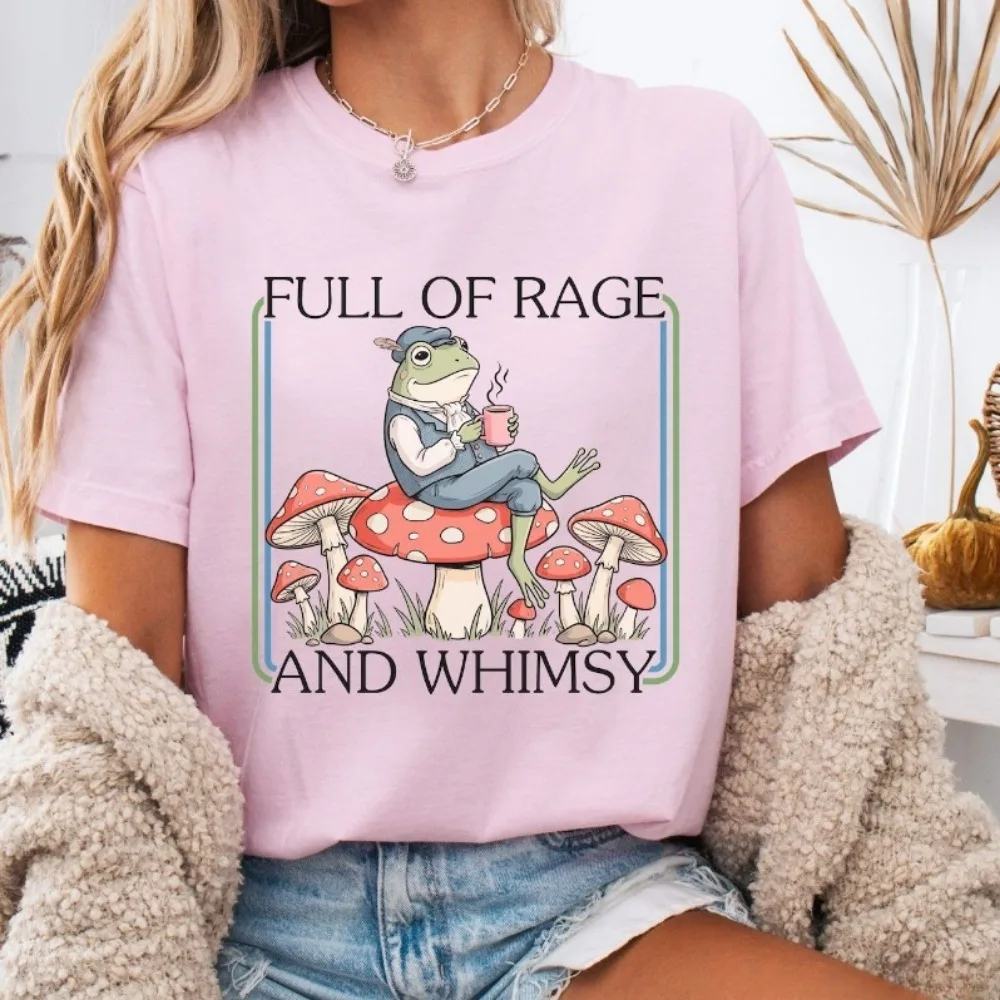 

'Full of Rage and Whimsy' Shirt Retro Cottagecore Frog with Coffee Tees Summer Vacation Casual Fashionable Coffee Club Tees