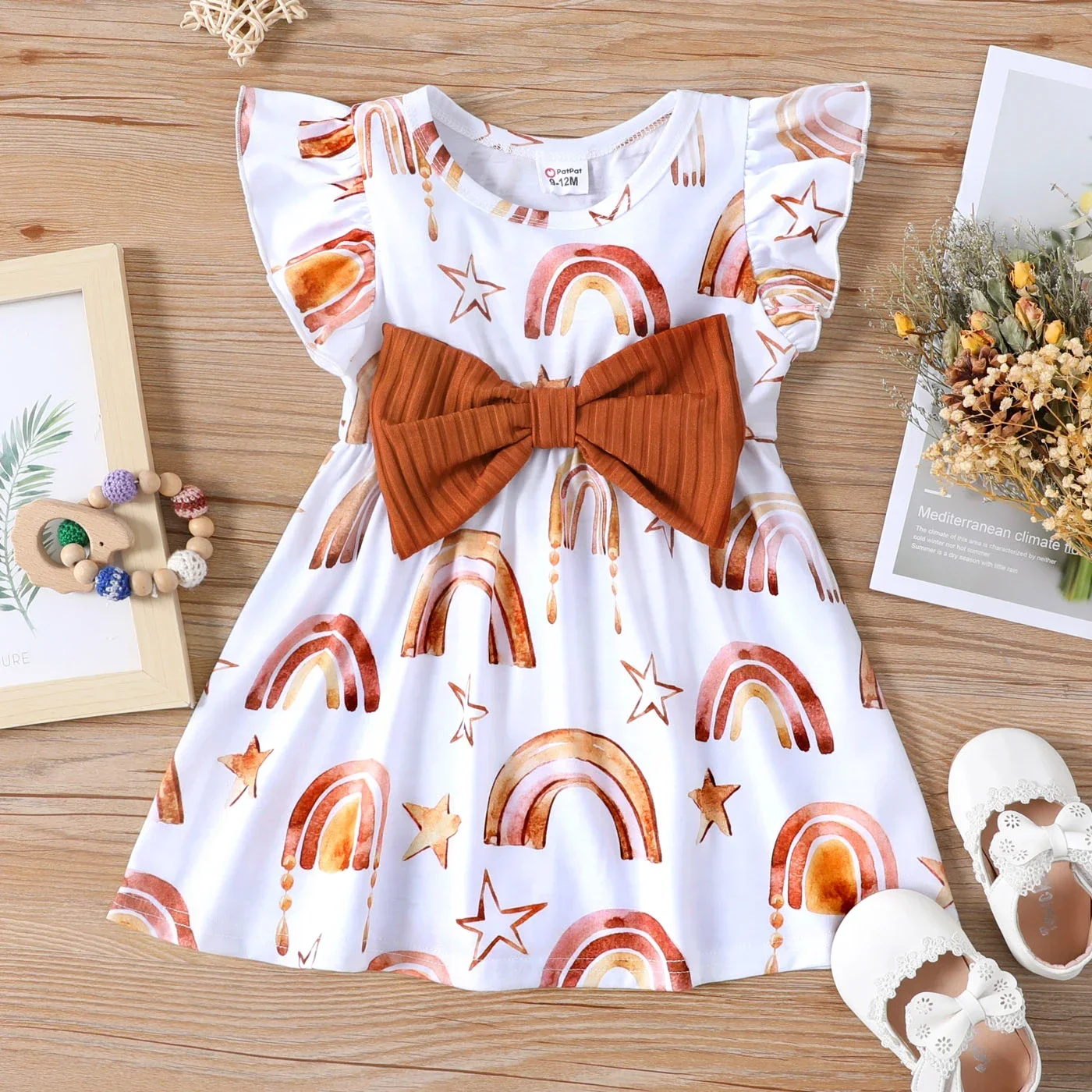 PatPat Baby Girl Ribbed Brown/White Rainbow and Star Print Ruffled Flutter Sleeve Bowknot Dress Perfect for Outings Daily Wear