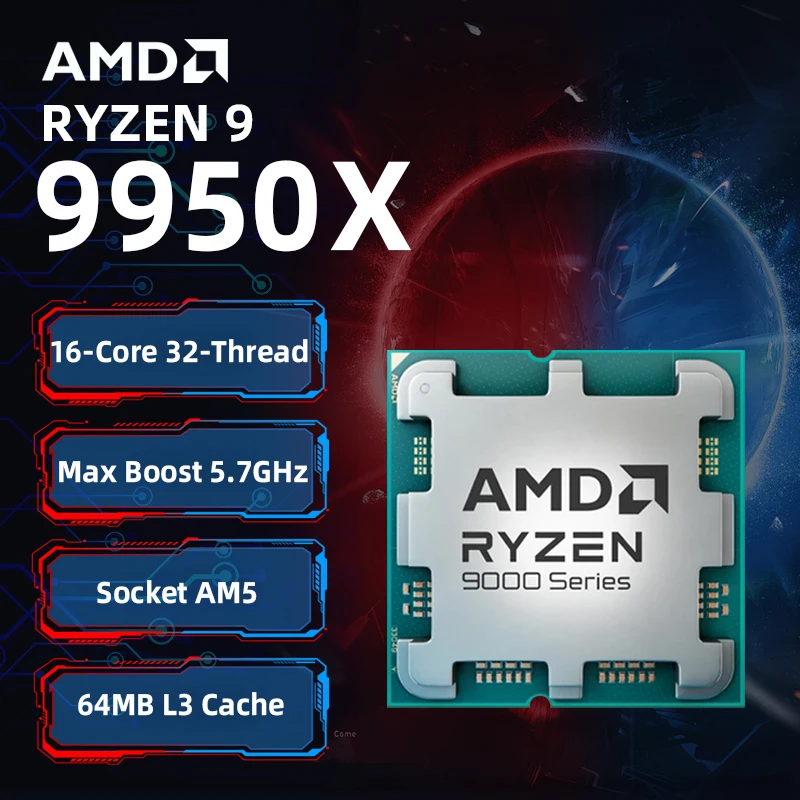 AMD Ryzen 9 9950X 100% العلامة التجارية الجديدة AMD R9 9950X وحدة المعالجة المركزية للألعاب 16-Core 32-thread حتى 5.7 جيجا هرتز المقبس AM5 AMD معالج سطح المكتب ﻿