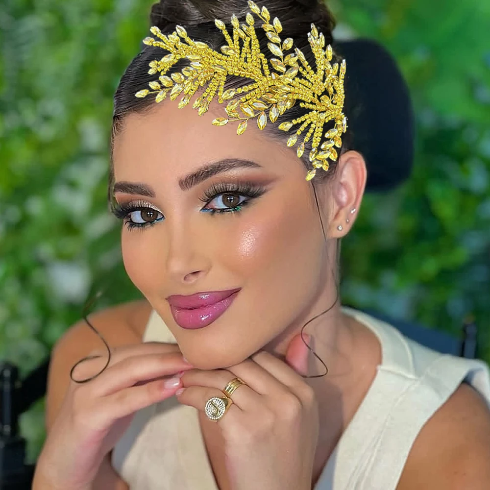 DZ332 Luxury Shiny Rhinestone Bridal Hair Accessories Golden Yellow Wedding Headbands Tiaras Headpieces Handmade Party Headwear