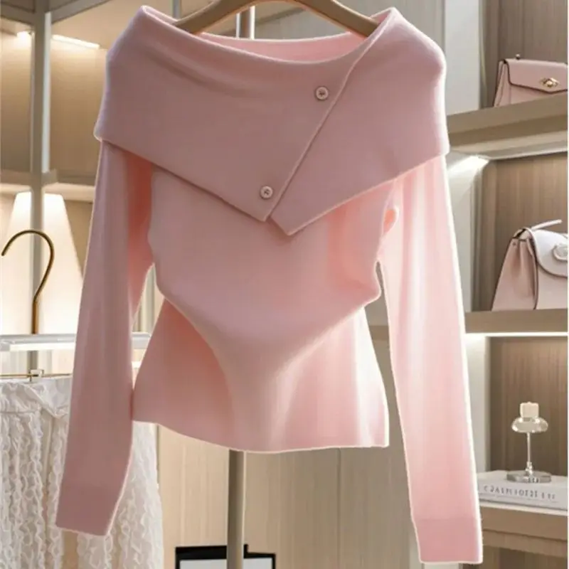 

High-End Temperament Knit Pullover Sweater Autumn Winter French Niche Pink Slim Wool Sweater Women Fashion Design Jumper Tops
