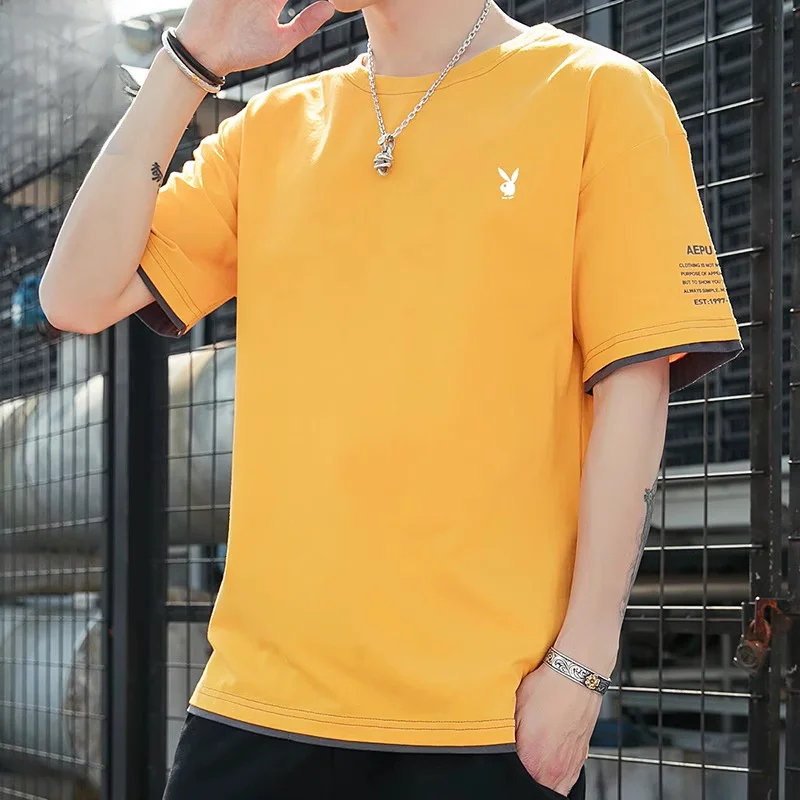 

Мужская футболка из чистого хлопка, свободного кроя, с коротким рукавом, летняя новинка, модная, молодежная, трендовая, базовая.