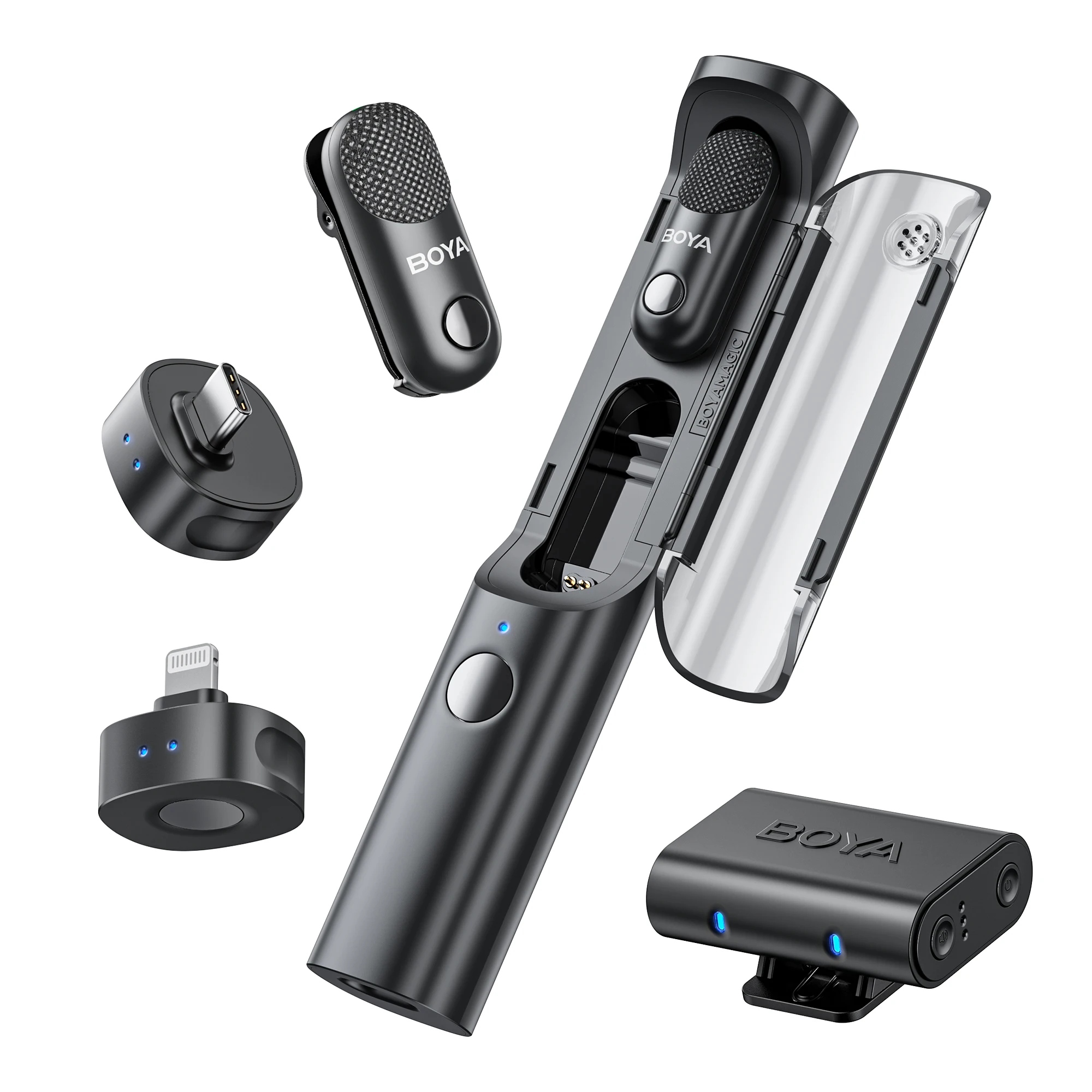 BOYA Magic Kabelloses Lavaliermikrofon 4-in-1-Mikrofon für iPhone, Android, USB-C-Telefon, Kamera für Interviews und Live-Streaming