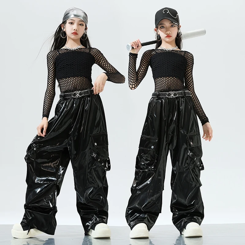 

Girls Hiphop Jazz Dancing Costume School Modern Street Dance Performance Team Set Kids Mesh Grid Tops Shiny Leather Pants XH2209