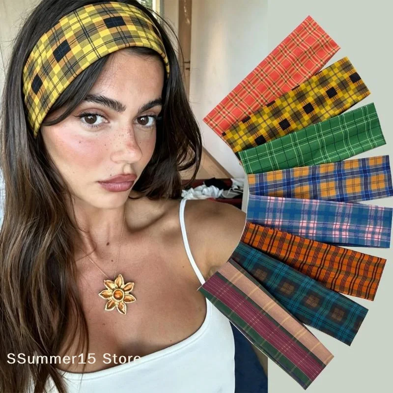 【R】Retro Colored Checkered Pattern Headband for Women, Y2K Cute Sweet Hair Band, Elastic Sports Headband Daily Wear