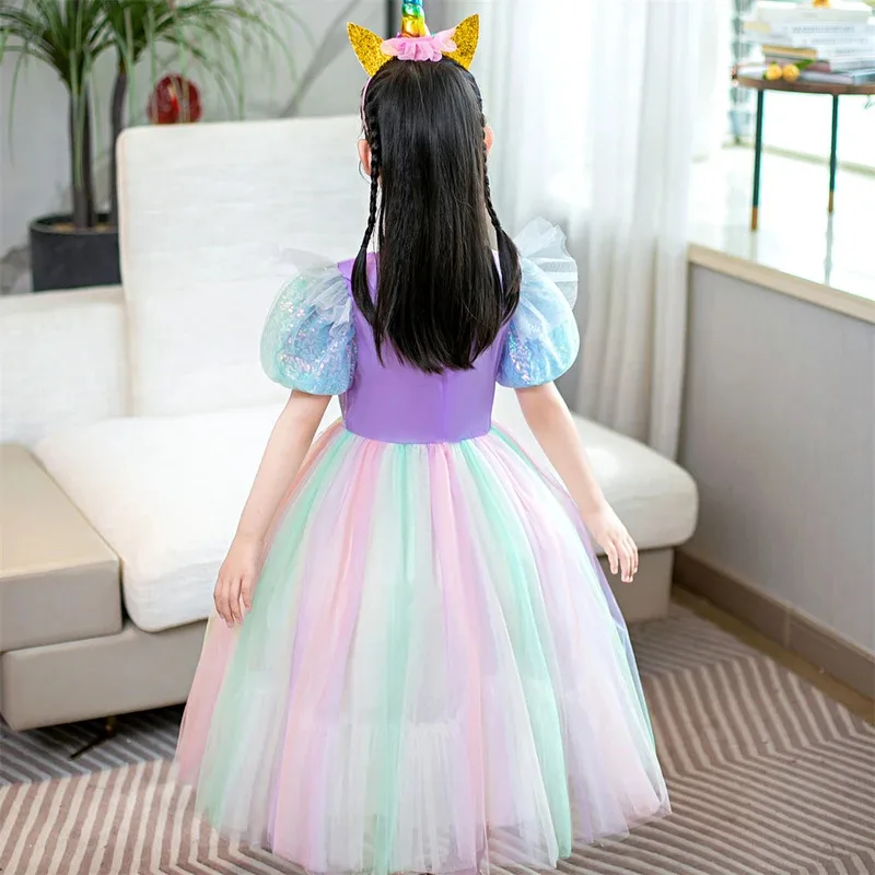 فستان أرجواني على شكل وحيد القرن للفتيات أزياء الهالوين بألوان قوس قزح للأميرة لأعياد ميلاد الأطفال ملابس كرتونية لحفلات الكرنفال الخيالية