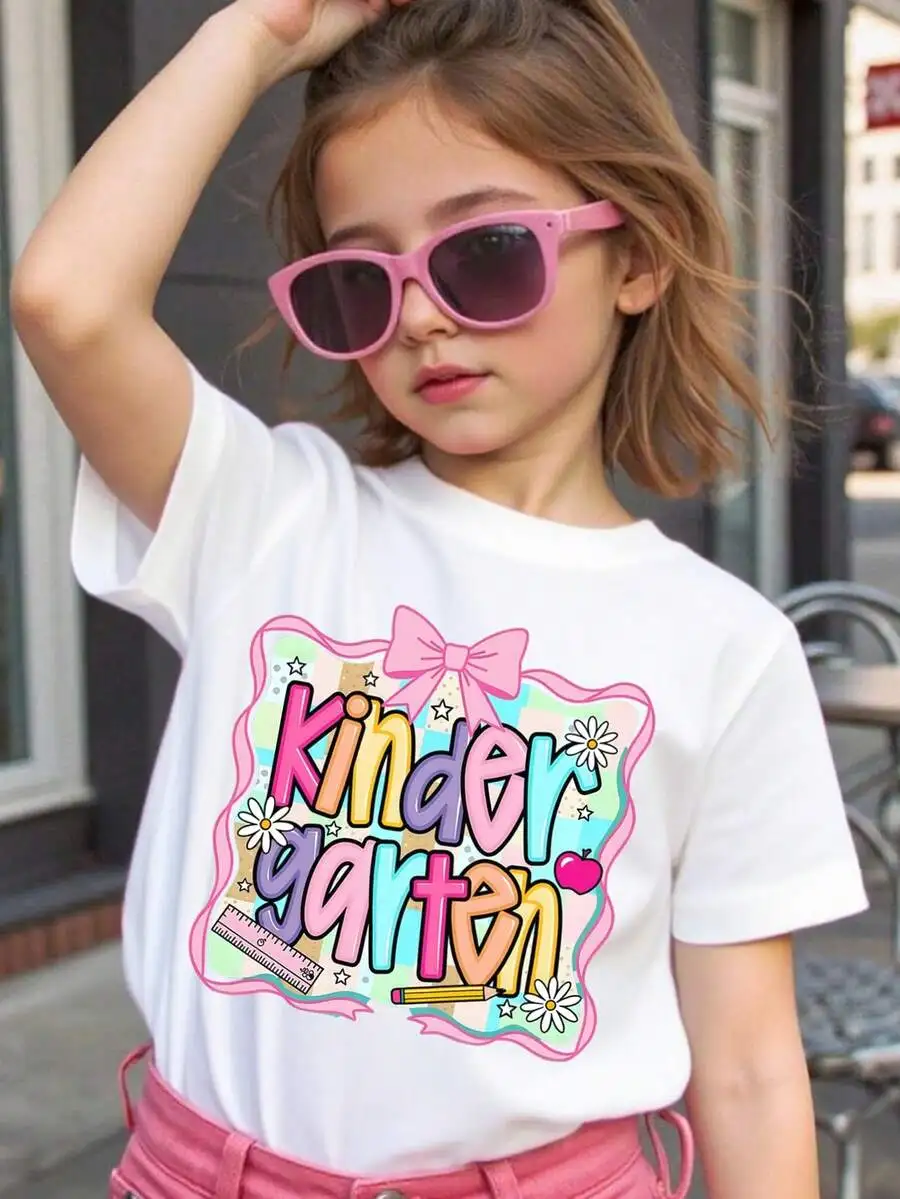 Boys Girls Kindergarten Cotton Graphic Tee, Round Neck Black Summer Tee, Educational Print, Cute Back To School Top, First Day S