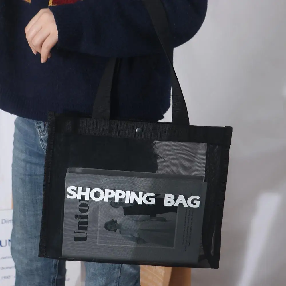 Saco de compras de malha de nylon preto para mulheres, grande capacidade, sacolas transparentes, ginásio, praia, viagens, bolsa de ombro única, novo