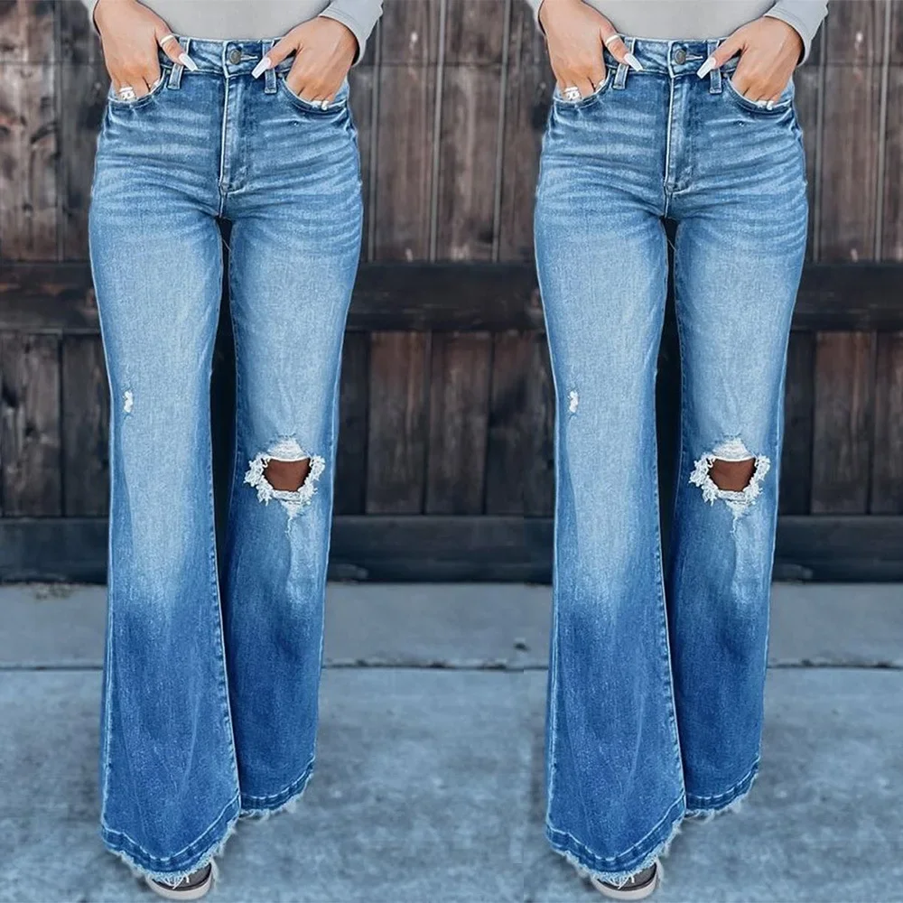 Women Jeans Denim Full Length Flare Hole Pants Loose Fit High Waist Pockets Washed Distressed Jean Solid Office Lady Autumn