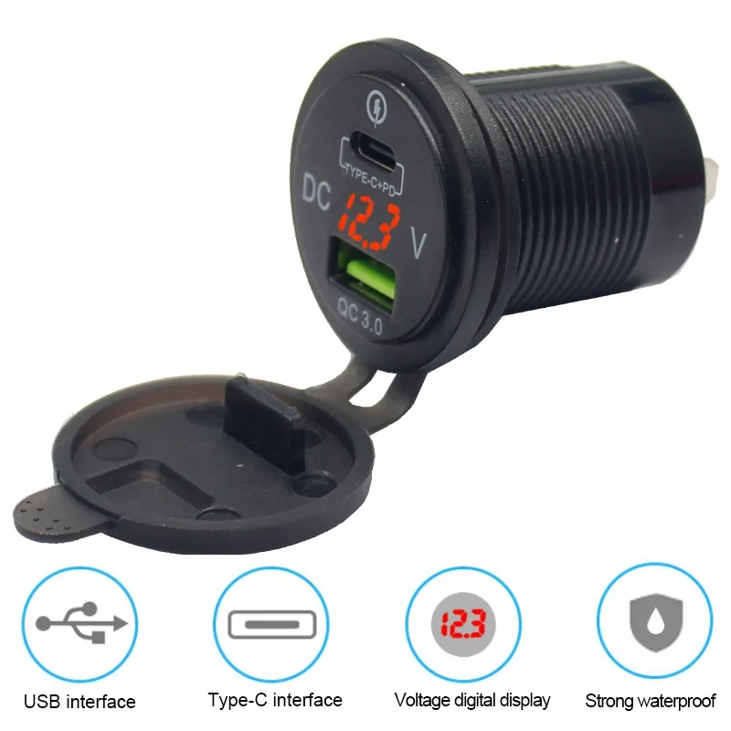 Quick Charge QC3.0 Type A Usb & Pd Type C Socket Lader Met Voltmeter