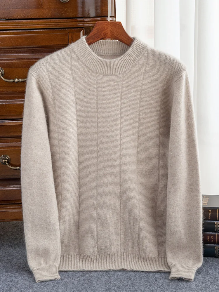 New Autumn Winter Warm Cashmere Sweater For Men O-Neck Long Sleeve Stripe Solid Color Wool Pullover Smart Casual Higt-Quality