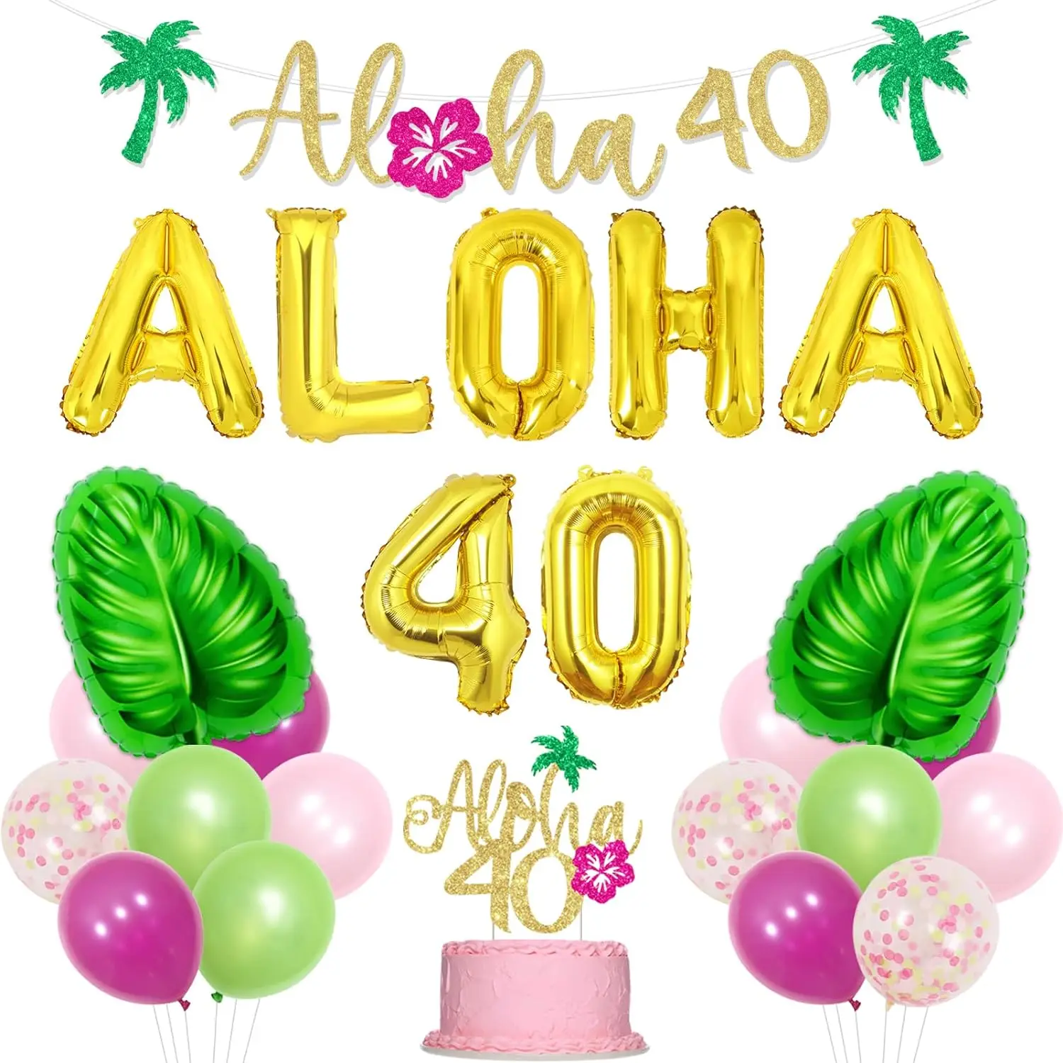 

Aloha 40th Birthday Party Decor, Green Leave, Foil Balloon, Pink and Green, Women and Men