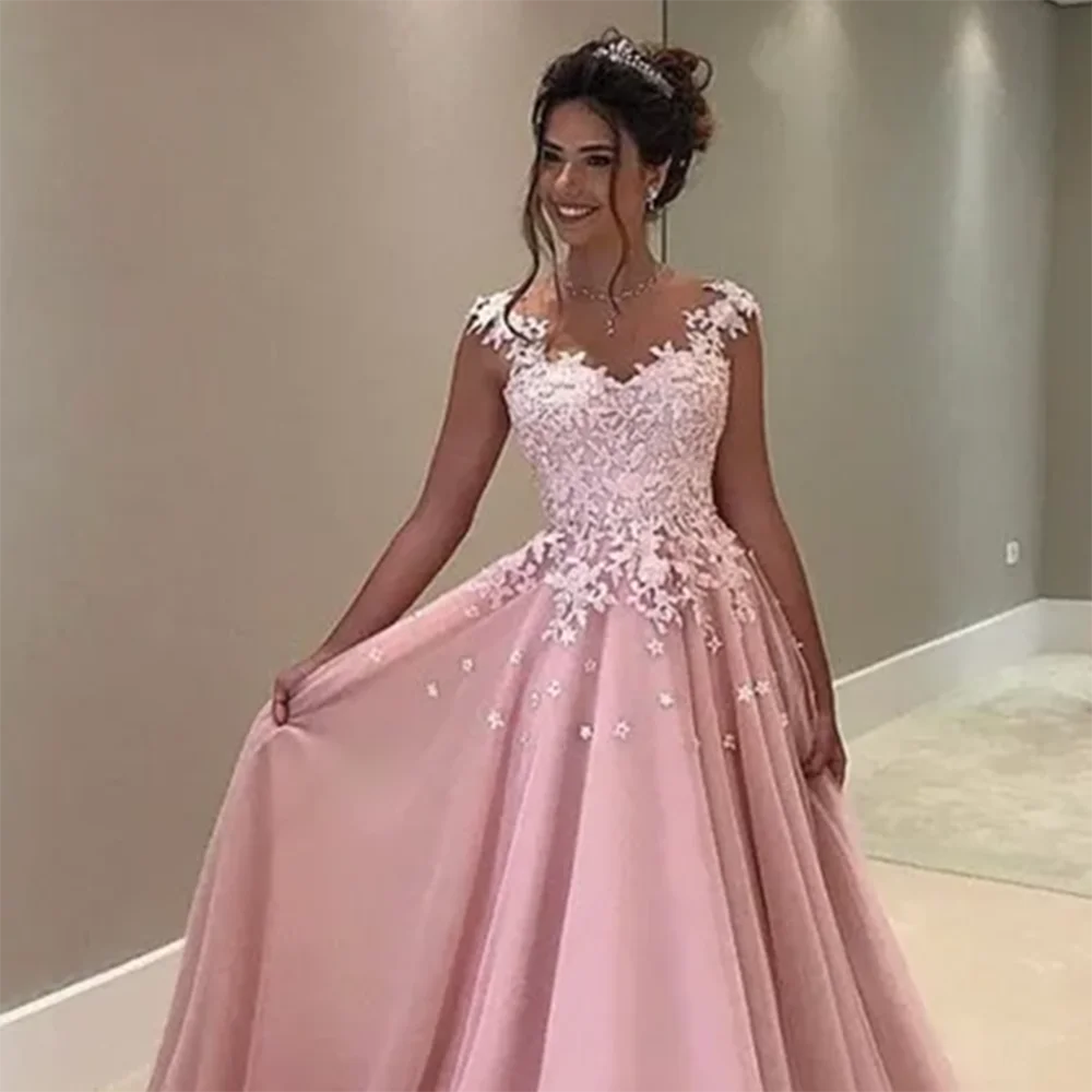 Exquisite Pink Women Evening Dresses Lace Tulle Satin Sleeveless Sweetheart Princess Pretty Luxury فساتين سهره Vestidos De Gala