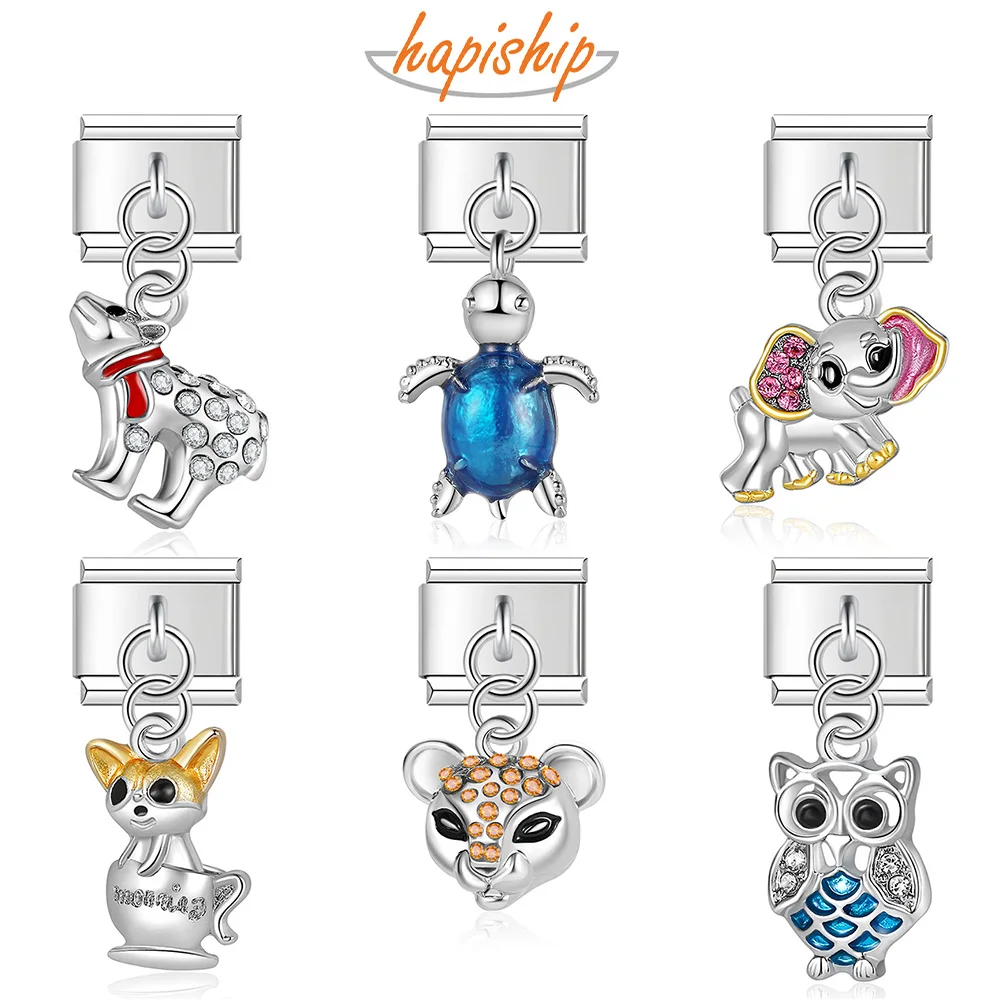 Hapiship New Original Daisy Fashion Dog Fox Tortoise Owl Charm Links Fit 9mm Bracelet Stainless Steel Jewelry Making DJTop43