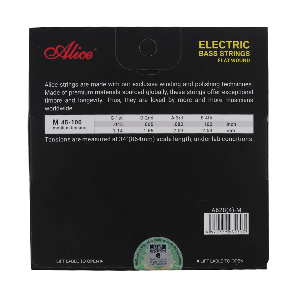 Alice A628 Fretless 4 corde per basso elettrico Set completo 4 corde con nucleo esagonale in lega di nichel avvolta con estremità a sfera dorata