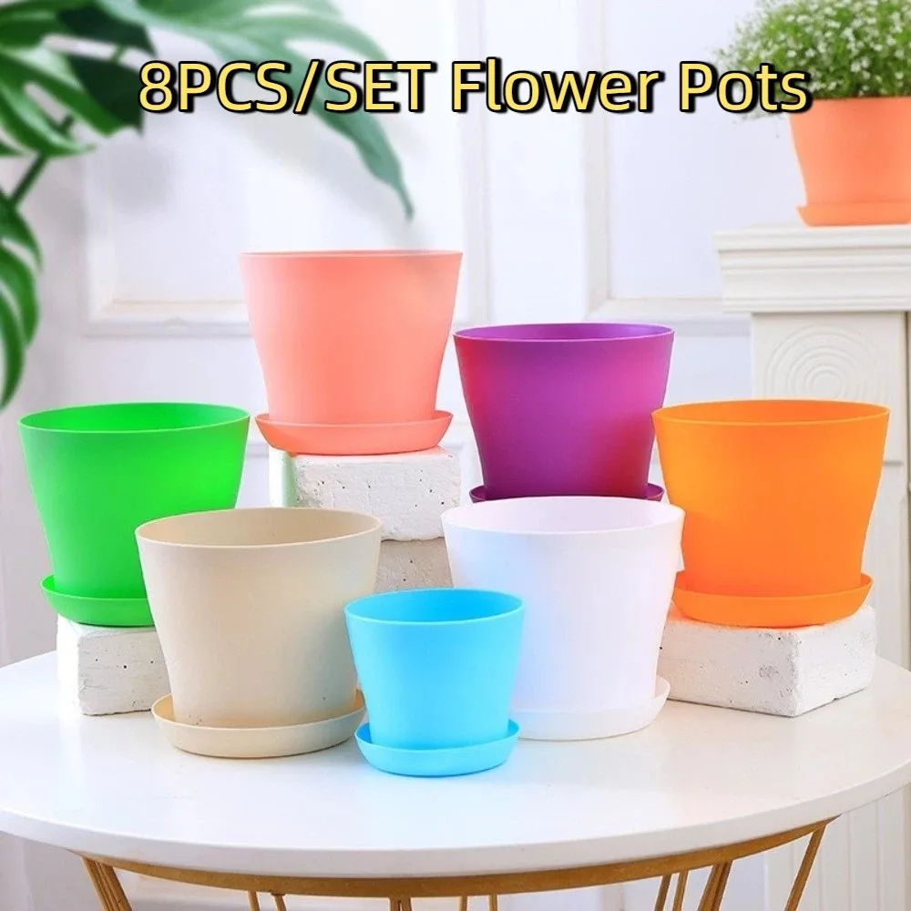 

8pcs/set Candy Color Flower Pot Plastic Thickened Plant Pot with Drainage Holes with Tray Seedling Pots Balconies Planting
