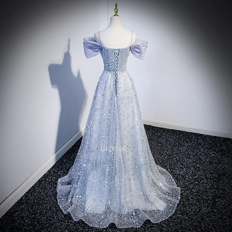 Blaues Ball-Abendkleid für Damen, luxuriöse Pailletten, glitzernde Quaste, Schleife, A-Linie, bodenlang, lange Party-formale Kleider, individuell gestaltet