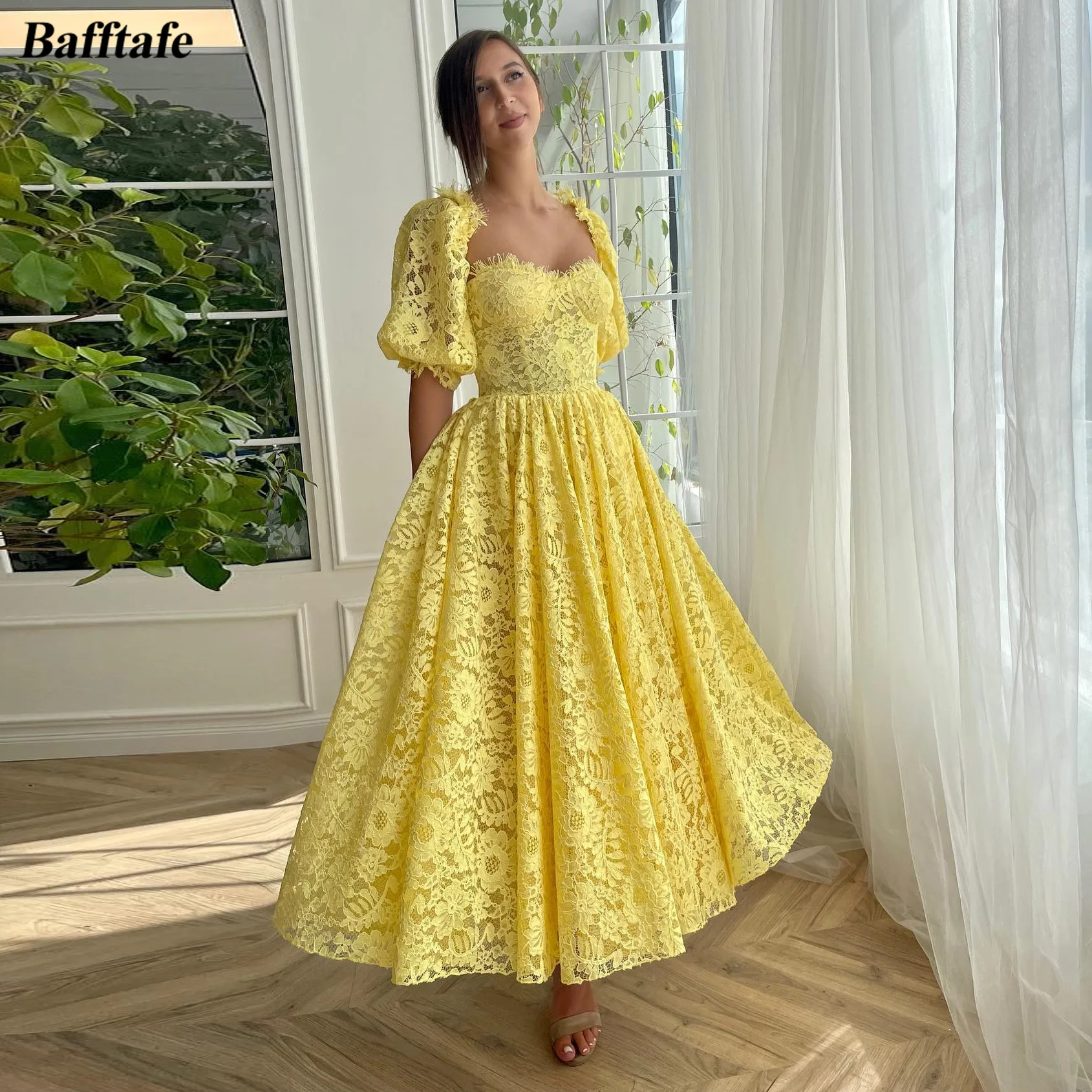 Delicados vestidos de fiesta de encaje amarillo para mujer, media manga hasta el tobillo, vestidos de noche formales por debajo de la rodilla,