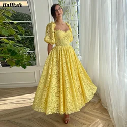 Delicate Yellow Lace Women Prom Dresses Half Sleeves Ankle Length Midi Formal Evening Gowns Wedding Party Dress Customized