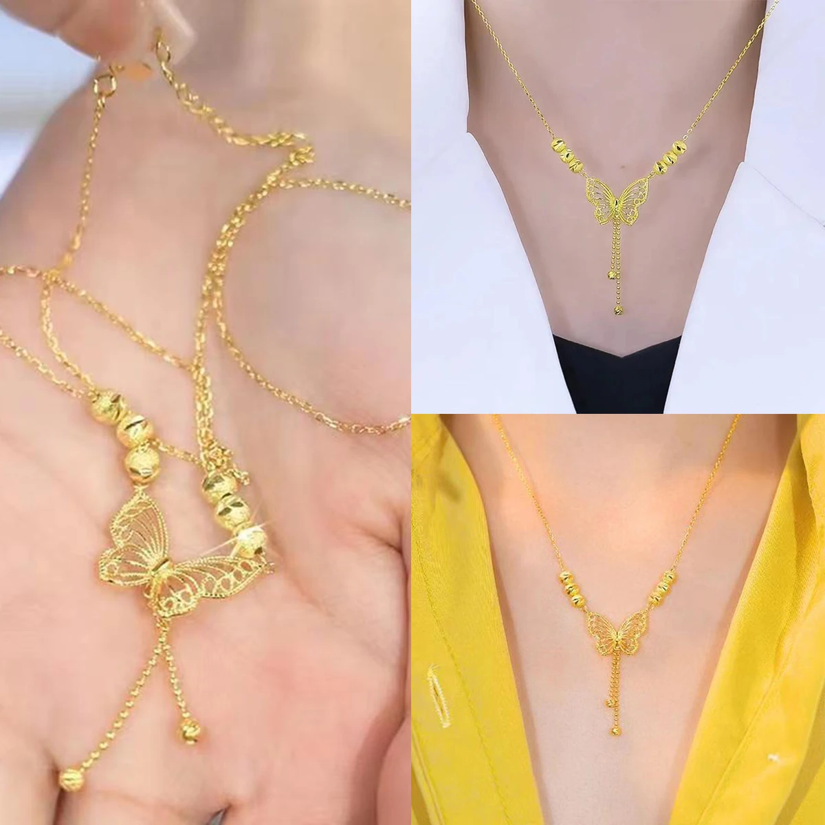 Live Burst Fashion Temperament Titanium Steel Necklace Openwork Five Blessings Beads Butterfly Collarbone Chain Necklace image 4