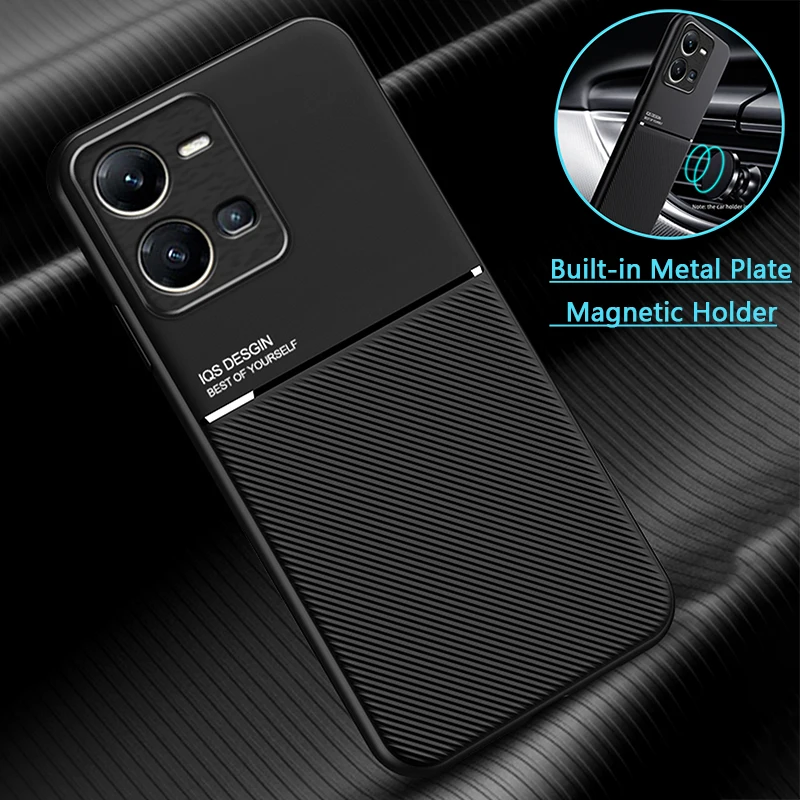 For VIVO Y35 Plus Case Car Magnetic Holder Leather Texture Phone Cases For VIVO Y35 Y 35 + Plus Shockproof Silicone Back Cover