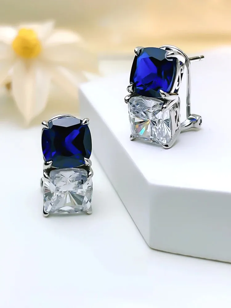 Fashionable and versatile color contrast dual stone 925 silver ear nail high carbon diamond sapphire temperament  personality