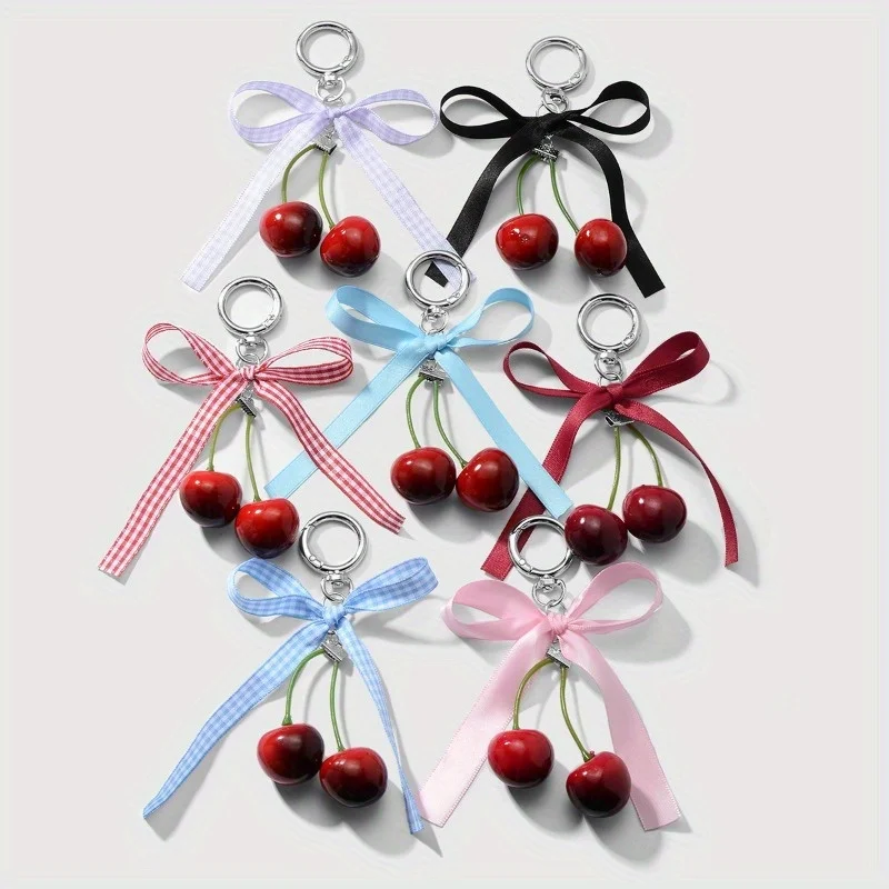 

Sweet Checkered Ribbon Bow Cherry Pendant Keychain Bag Pendant Cute Keychain Pendant Bag Chain