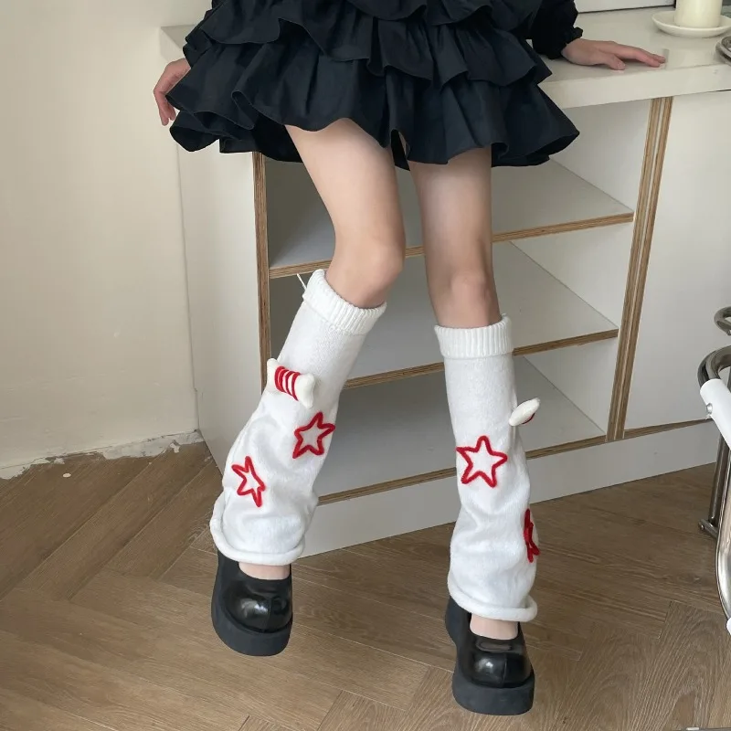 

New Year's Red Lolita Women's Knitted Long Socks Harajuku Warm Socks Sweet and Cute Bone Star Calf Cover