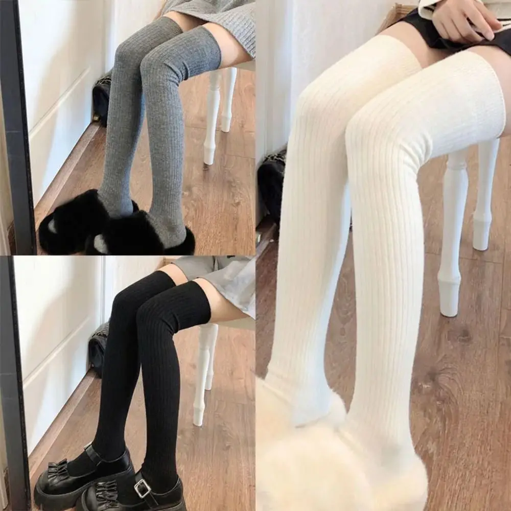 

New Casual Women Long Socks Cotton Over Knee-High Knitted Calf Socks Solid Wool Thigh Stocking Skinny Fluffy Long Knee Sock