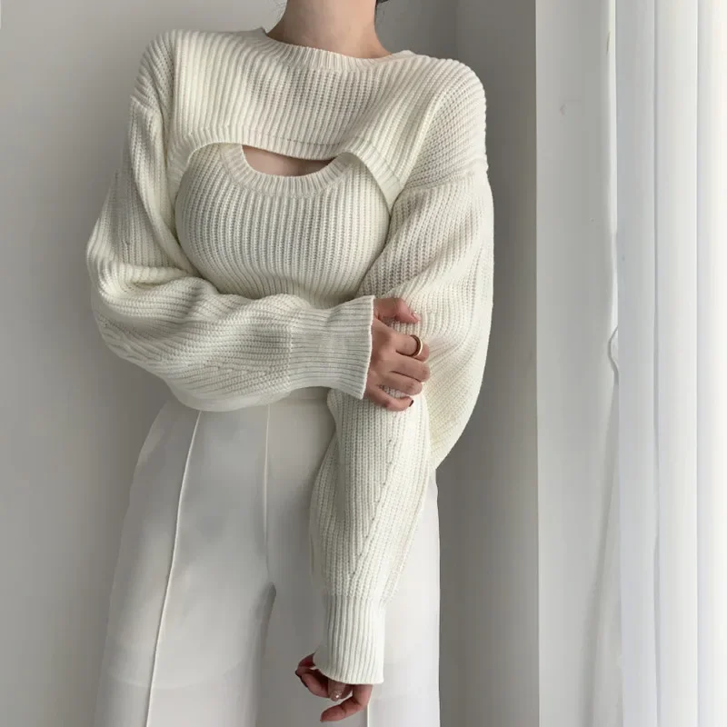 أزياء الخريف المرأة طويلة الأكمام س الرقبة محبوك أعلى أنيقة تريكو الخريف سترة مثيرة البلوز سترة قصيرة قطعتين مجموعة #3