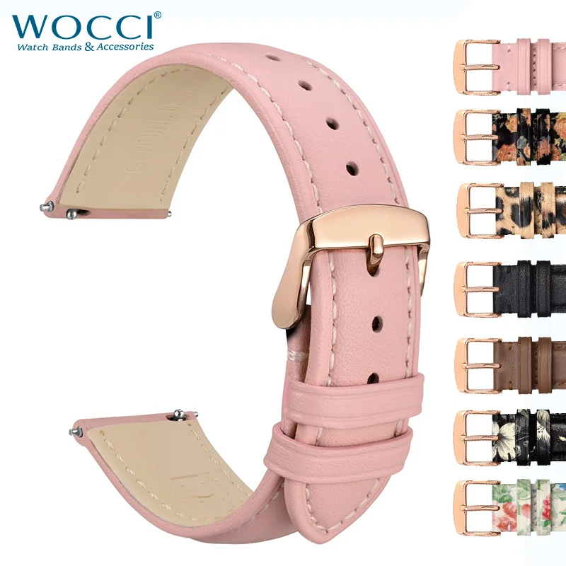 WOCCI Flower Watch Band Genuine Leather 18mm 20mm 22mm Strap Bracelet for Women Quick Release Bracelet Polished Stainless Buckle