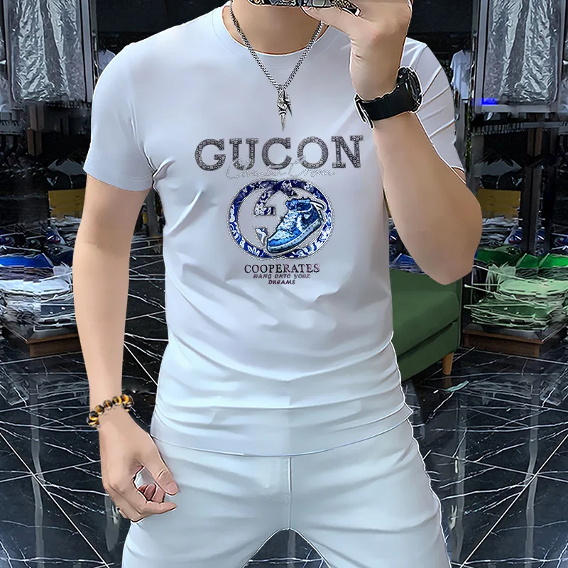 Luxury Men\'s T-shirt Summer Fashionable Hot Diamond 3D Letter Trendy Male Tees Silky Cotton Comfortable Round Neck Man Clothing