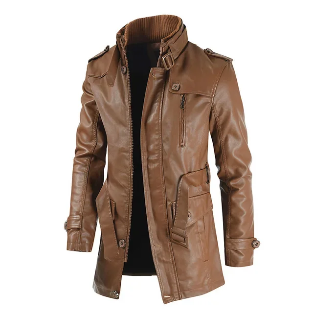 

Streetwear Coat Outwear Men Winter Long Thick Fleece Coat PU Leather Jacket Casual Business Clothing Pocket Leather Jackets Mens