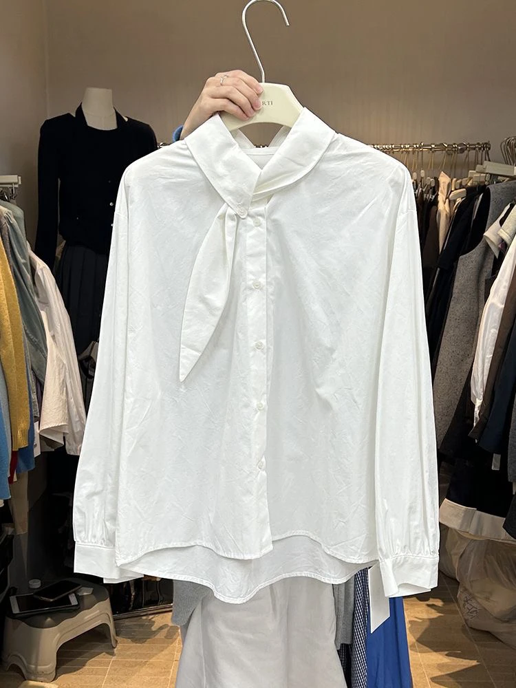 

Корейская модная женская блузка с длинным рукавом, белая, с узлом и завязками, свободного кроя, для делового и повседневного стиля