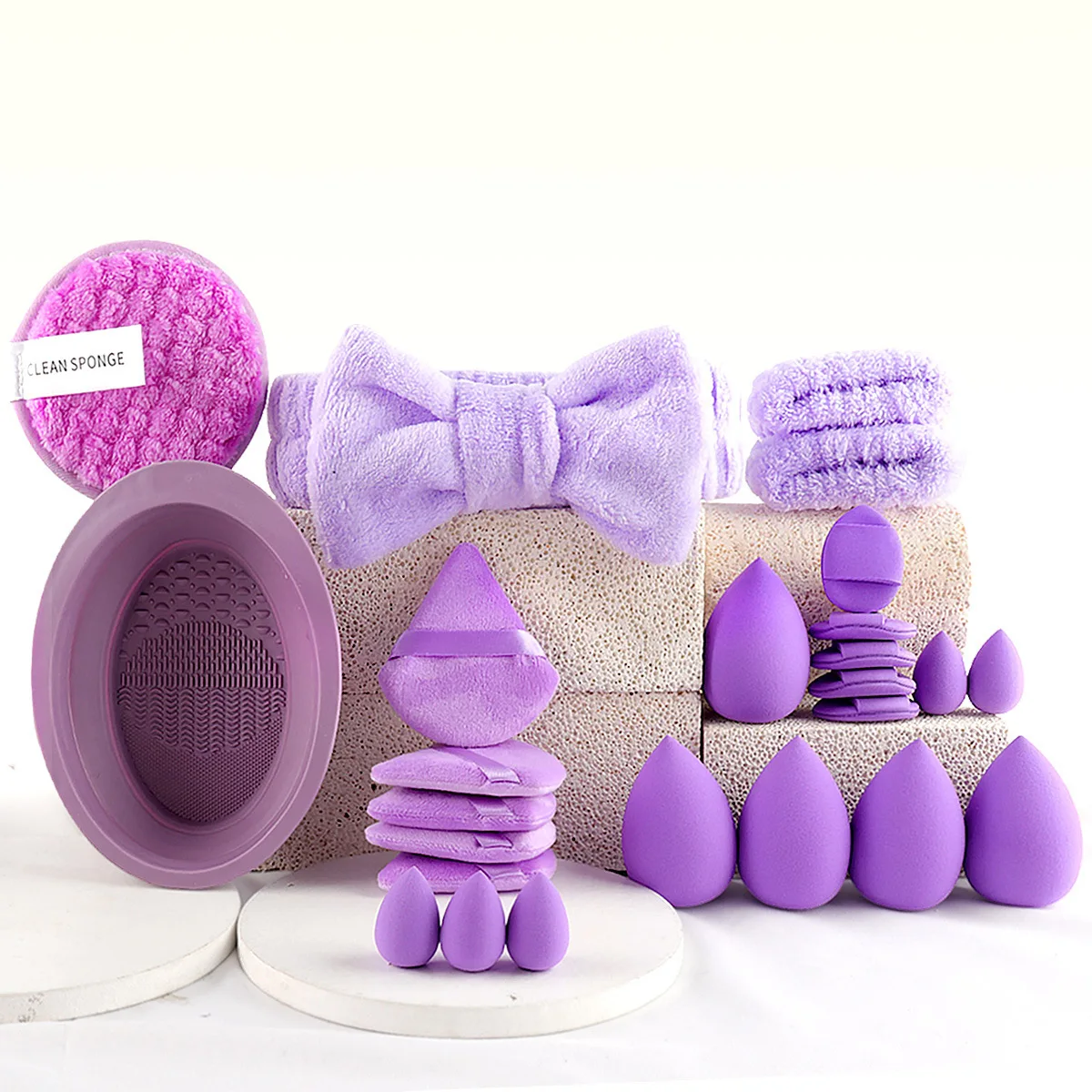 Multi Colored Fluffy Headband and Makeup Sponge Set Sweet Style Perfect Beauty Assistant Travel essentials
