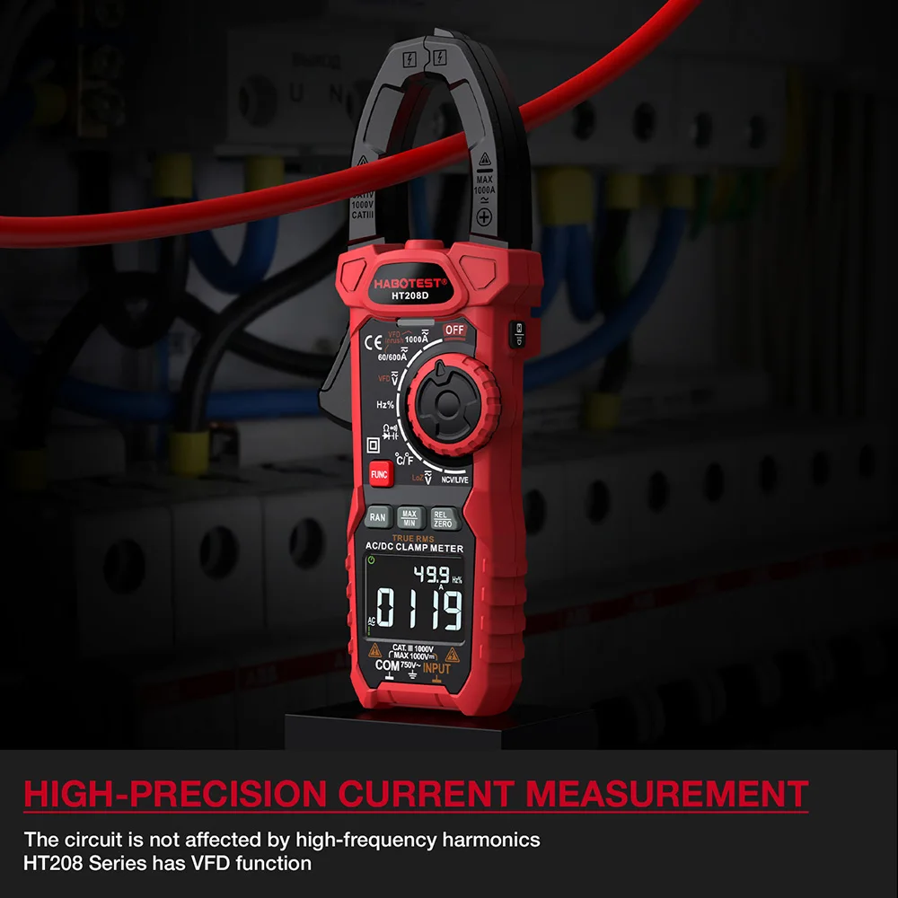 HT208D Digital Clamp Meter 1000A AC DC Current Two color Backlight True RMS Capacitance Temperature NCV Clamp Voltage Tester