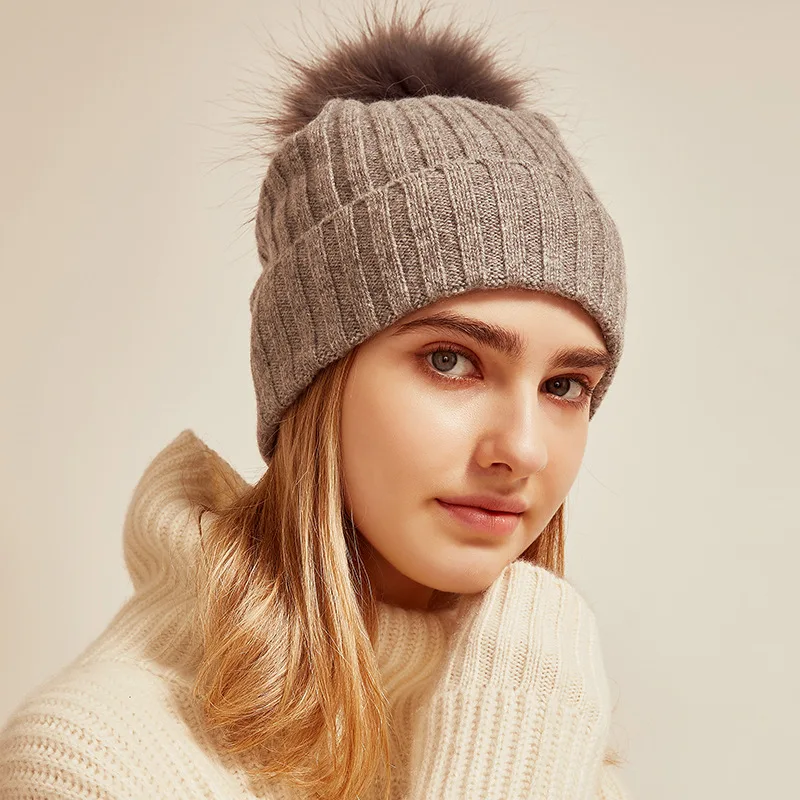 New Autumn winter hat for women fur ball decoration knittingheattech cashmere tapered