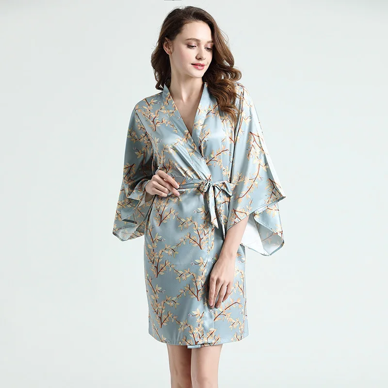 

Print Flower Women Nightwear Kimono Robe Casual Nightgown Home Dressing Gown Sleepwear Casual Satin Homewear Bathrobe