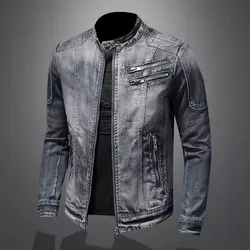 Veste de motard en denim pour hommes, col montant, fermetures à glissière, mode décontractée, vêtements pour hommes, streetwear de moto