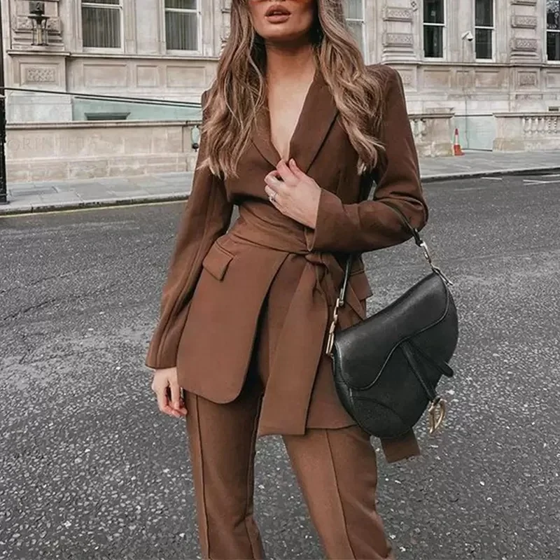 Women Two Piece Pants 2 Pieces Outfits For Women Long Sleeve Blazer With Belt Pocket Lace Work Office Business Lady Casual Suits