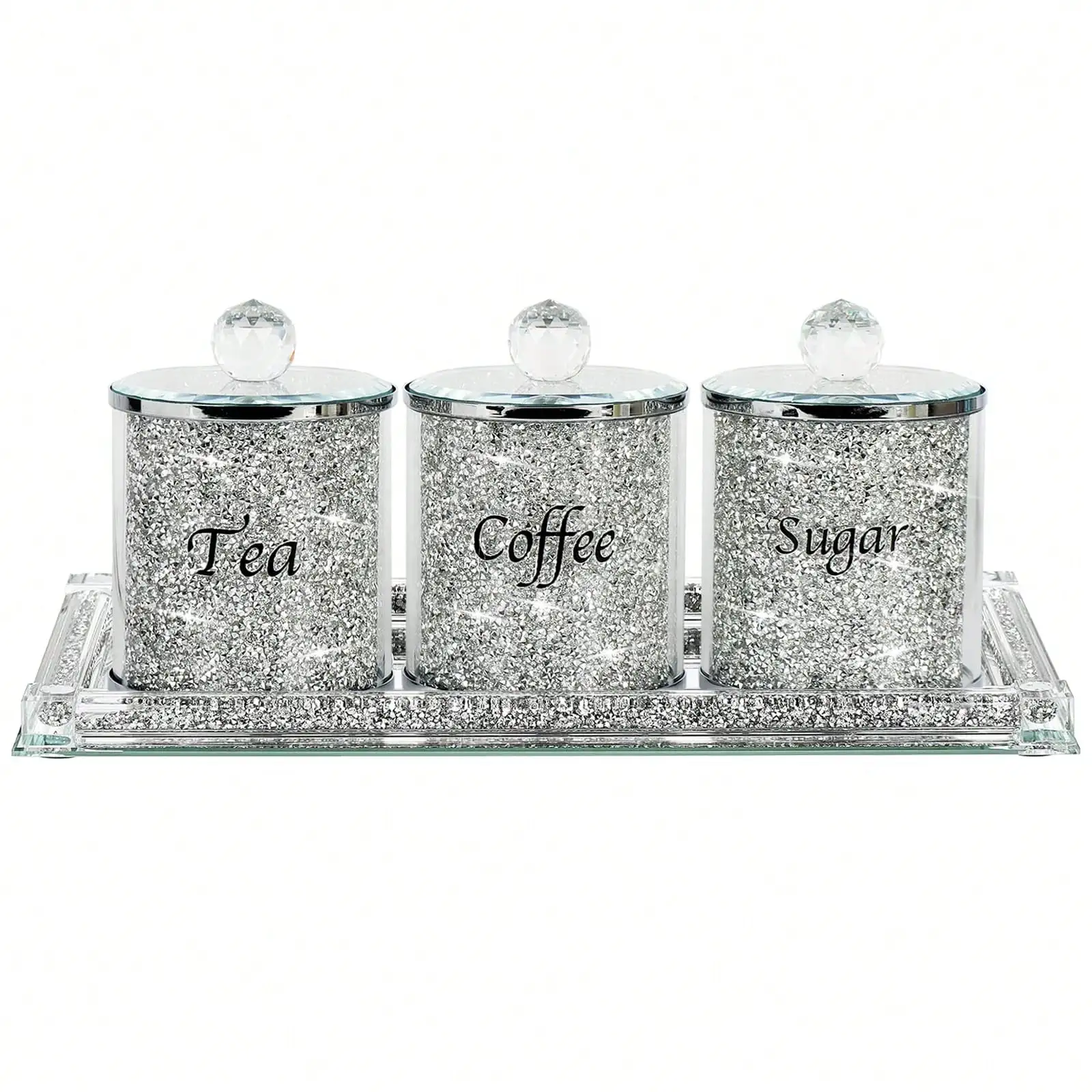 Coffee Sugar Tea Canister Set Sparkly Glam Crushed Diamond Kitchen Storage Container Set 4 Piece Silver Glass Jars With Lids And Mirrored Tray For Kitchen Countertop Coffee Bar Dining Room Home Decor Housewarming Gift view 2