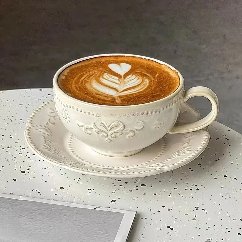 French Retro Porcelai Relief Flower Cup and Dish Set Tea Cup with Saucer Ceramic Coffee Artistic Home Decoration Holiday Gift