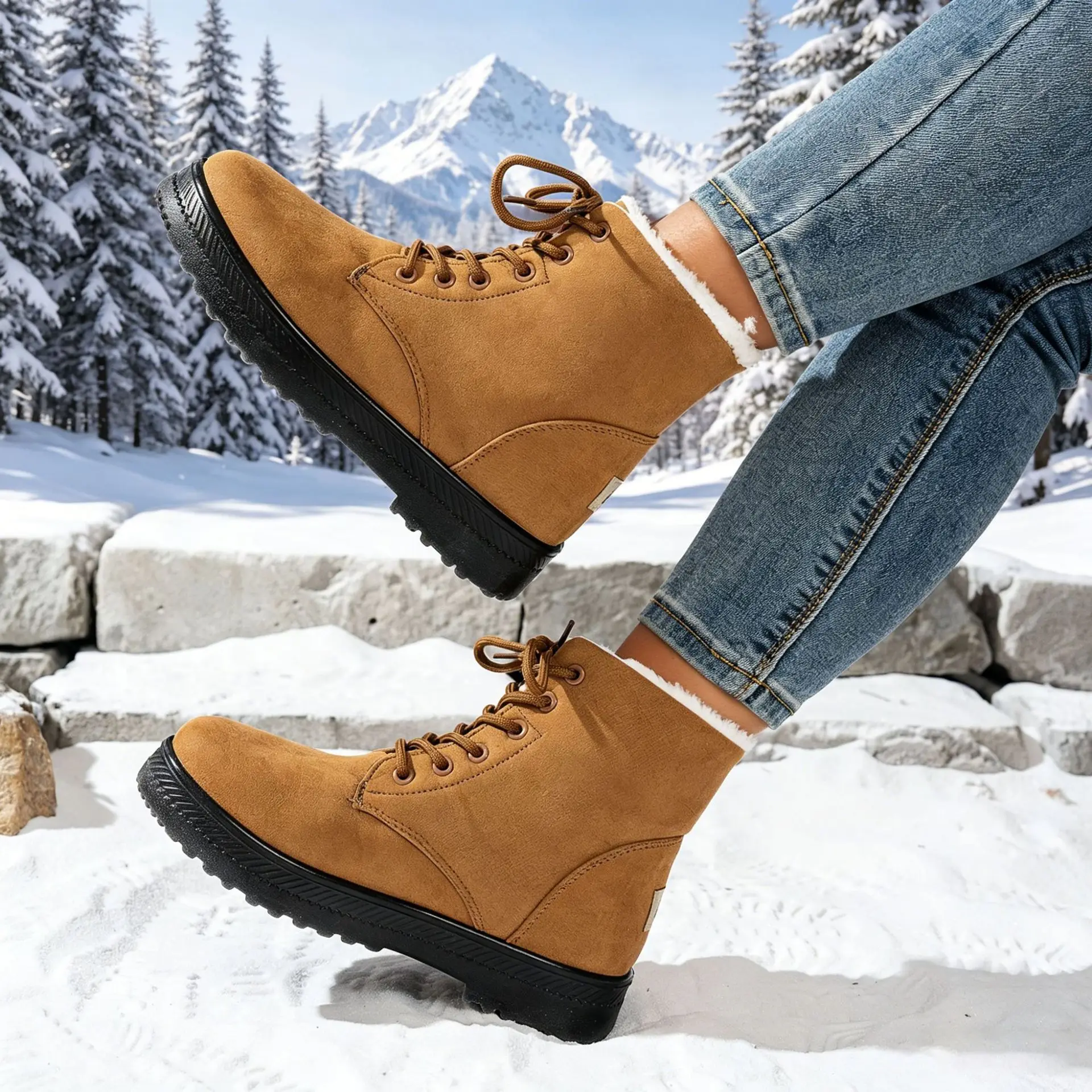 Damen Winter Schnür-Schneestiefel mit Wildleder-Optik, Fleece-Futter, Rutschfeste Dicke Sohle, Warme Knöchelhohe Kampfstiefel – Detail 14