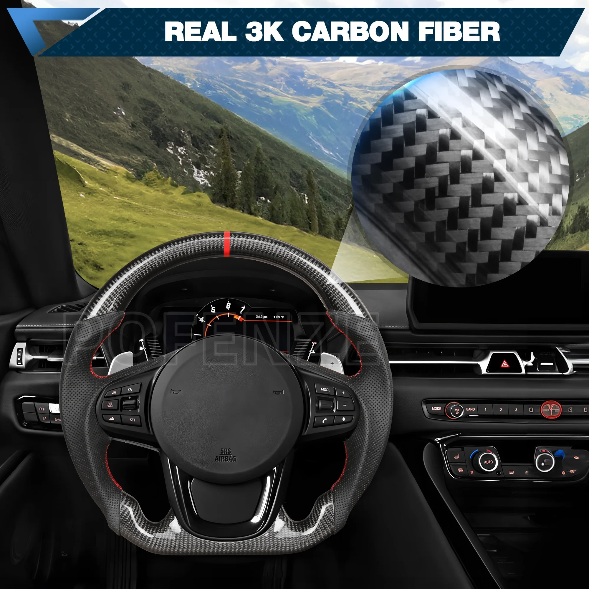 คาร์บอนไฟเบอร์พวงมาลัยสําหรับ Toyota GR Supra 2019-2022 D-รูป Nappa Perforated หนังแบนด้านล่างที่กําหนดเองพวงมาลัย
