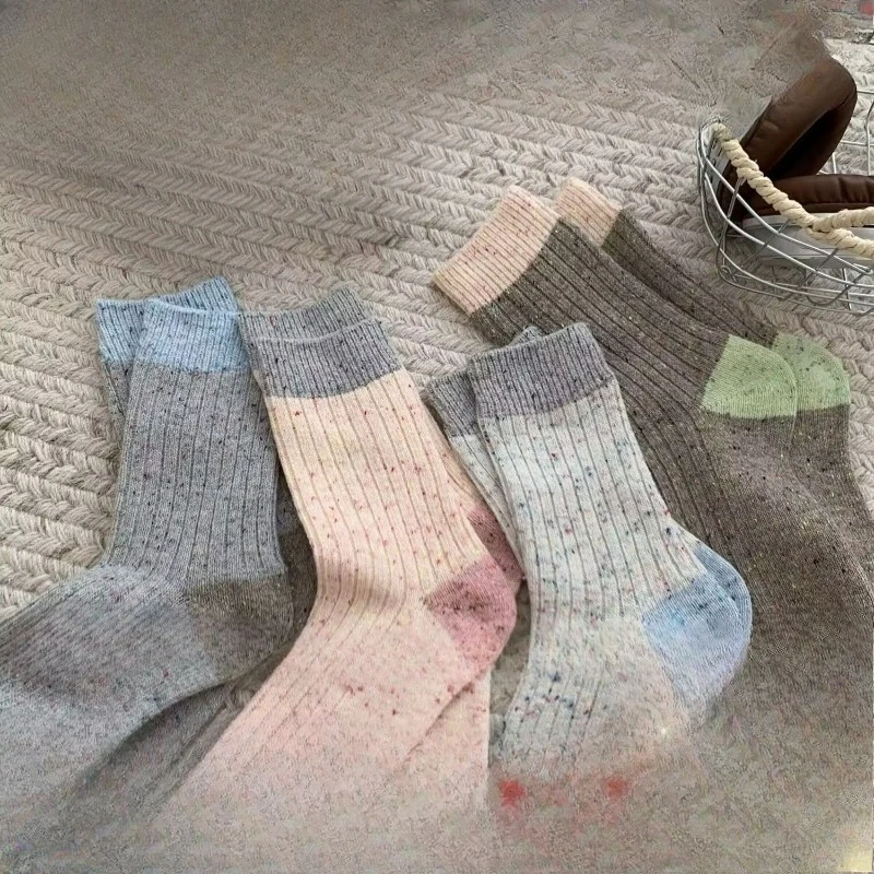 4 pairs Spring Autumn New Warm Socks Women's Color blocked Fashion Versatile Mid tube Elegant Comfortable Stacking Socks